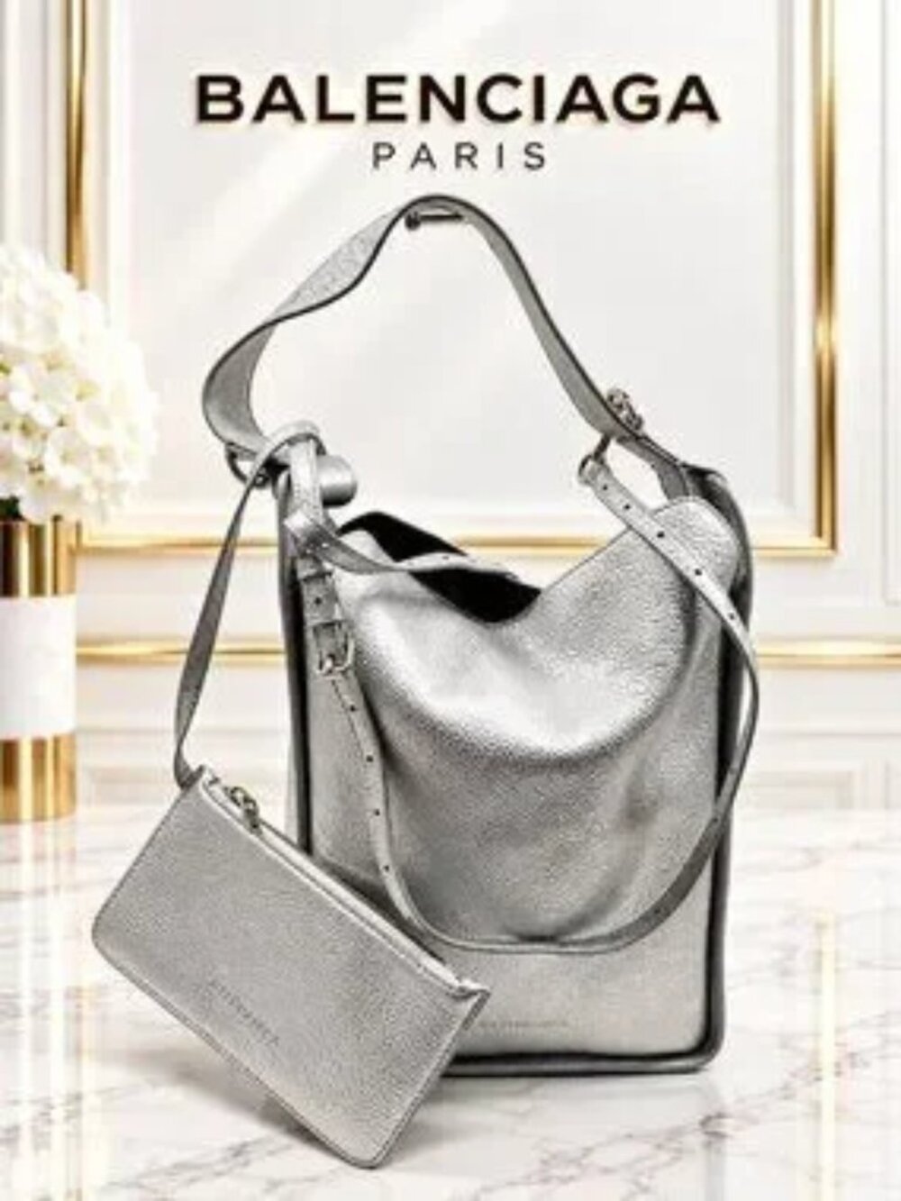 Authentic Balenciaga Silver Metallic Leather Bucket Shoulder Bag with Pouch